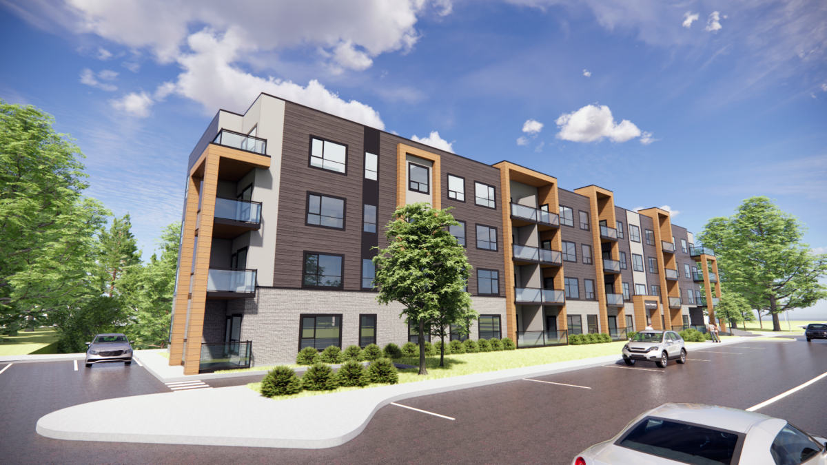 Rendering of The Sanctuary, a four-storey multifamily building in Twin Brooks, Edmonton